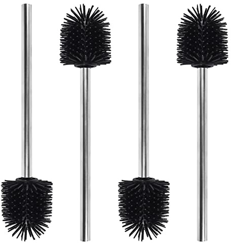 Escobilla de Inodoro, Paquete de 4 cepillos de Inodoro de Silicona con Mango de Acero Inoxidable, reemplazo de Cepillo de Inodoro de pie para Inodoro de baño, ergonómico, Limpieza Profunda, Duradero