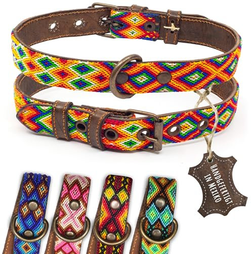 ALTEZAR Hundehalsband Leder - braunes Rindsleder Tribal Farbenrausch durchgehend Bestickt bunt - Handgemacht in Mexiko Lederhalsband Hund - Größe M - für mittel-große Hunde