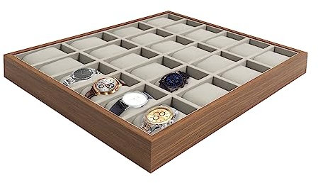 LOYALHEARTDY 24 Grid Watch Jewelry Tray Organizer Wooden Box Organizer Display Tray Watch Bracelet Display Holder with Removable Pillow for Men & Women Storage and Display