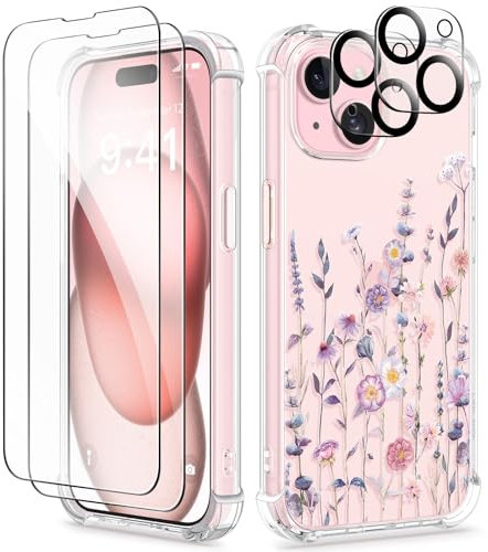 GVIEWIN Kompatibel mit iPhone 15 Hülle 6,1 2023, mit Displayschutzfolie + Kameraschutz, [Militärischer Schutz] Anti-Gelb Blume Klar TPU Dünn Stoßfest Kratzfest Handyhülle (Floratopia/Bunt)