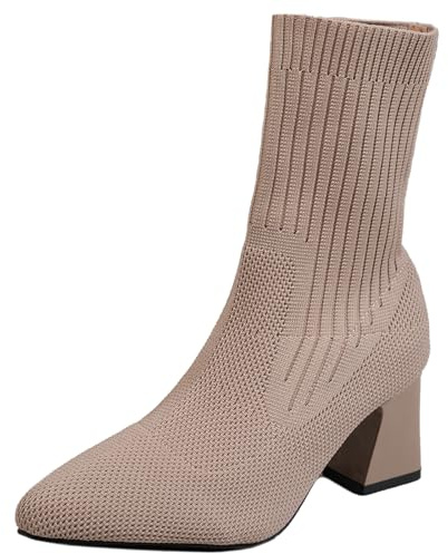Ulalaza Stivali da donna in maglia elasticizzata Punta tonda Tacchi alti Calzini Stivali Stivali Chelsea con plateau Stivali elasticizzati in maglia Slip-on Stivaletti con calzini antiscivolo