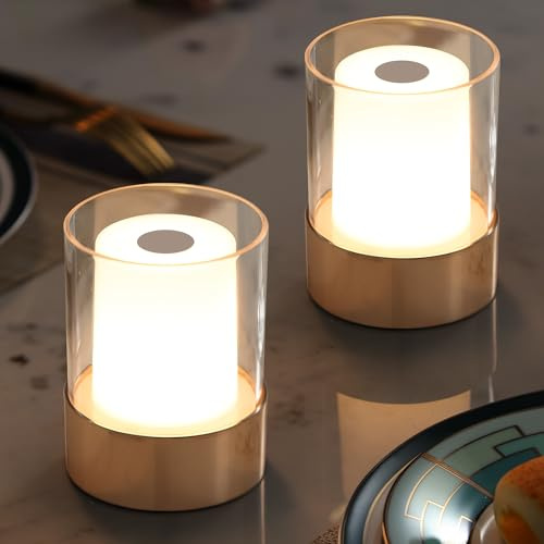 NEWSEE 4 Mini Dining Table Light 2 Pack for Buffet Restaurant, Outdoor Waterproof Lamps for Bathroom Camping, Rechargeable Cordless Table Lamp for Bar, Touch Warm Night Light for Nursery Baby (Gold)