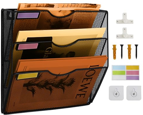 PLSOPPKG 3 Tier Hanging Wall File Holder, Metal Mesh Magazine Rack, A4 Wall Pocket File Holder, Mail Organiser Magazine Storage Rack, Wall Mounted File Organizer, Black