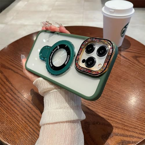 SRGDRR Custodia magnetica per telefono con staffa metallica per iPhone 11 12 13 14 15 Pro Max 15 14 Plus Cover sottile per lenti antiurto con perline colorate, verde, per iPhone 15 Plus