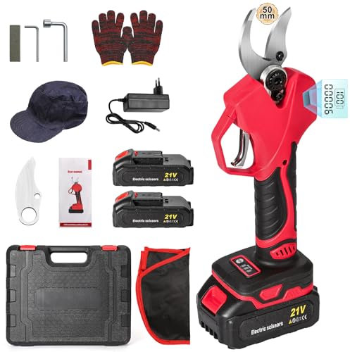 Tijeras de Podar Eléctricas, 1000W Cortador de Ramas Electrico con 2 x 7500mAh Baterías, 50mm Diámetro de Corte, Motor Brushless, Display, Profesional Tijeras de Podar Bateria para Jardín, Huerto