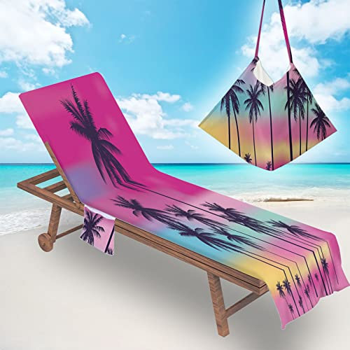 Treer Beach Chair Cover Towel, Microfiber Beach Towel 3D Palms Beach Sunbed Towels, Portable Sun Lounger Towels with Pockets, Towel for Beach Garden Vacation (210x75cm,Purple)
