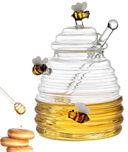 400 Ml Honey Glass Jar, Glass Honey Jar With Dipper And Lids, Glass Bee Honey Pot, Syrup Glass Jar, Honey Dispenser, Bee Honey Pot For Store Honey, Honey Pot Glass Holder Dispenser, For Home Kitchens