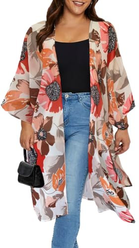 florynova Kimono for Women Summer Cardigans Open Front Swimsuit Cover Up Hawaiian Beach Shirts(Apricot,L)