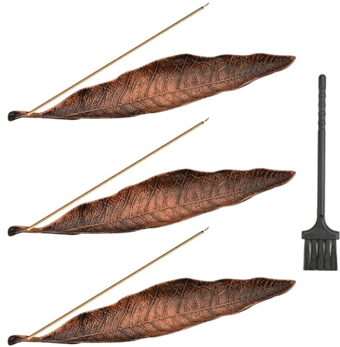 3 bastoncini di incenso, supporto per bastoncini di incenso, design foglie di bronzo, in metallo, con mini scope, perfetto per meditazione, yoga e decorazione d'interni, elegante bruciatore di incenso