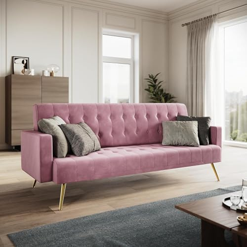 ELEGANT 3 Seater Pink Velvet Sofa Bed, Modern Click Clack Luxury Sofas Settee Recliner Couch with Square Armrest and Rose Gold Finish Legs, Lounge Compact Sofa for Living Room, Home Office, Apartment