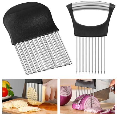 Coupe Oignon 2 Pièces, Coupe Patate en Acier Inoxydable, Couteau Ondulé à Frites pour Couper les Oignons, Pommes de Terre, Fruits et Viandes (Noir)