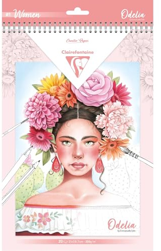 Clairefontaine 95741C Bloc de Coloriage 18 Dessins de Femmes Format A4 Pour Adulte 250G - Créativité Détente Zen - Multitechniques Crayons, Feutres, Aquarelle, Peinture - ODELIA Thème Les Femmes