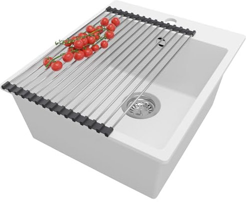 PRIMAGRAN Evier Cuisine en Granit Blanc 43x50cm, Lavabo 1 bac + Kit de Vidage + Égouttoir Enroulable, Évier à Encastrer al mueble 45cm - Riga S194