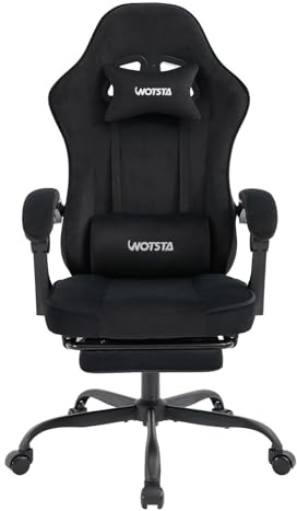 WOTSTA Gaming Chair for Adults, Ergonomic Gaming Chair with Footrest, Lumbar Support and Headrest, Adjustable Height computer chairs gaming, fabric gamer chair for Home Office, Black