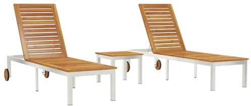 vidaXL 2er Set Liegen mit Tisch aus braunem, massivem Akazienholz, verstellbar 205 x 53 x 100 cm, Gartenmöbel mit Rollen, UV-beständig, komplettes Set für Garten & Terrasse, entspannende Sitzmöbel