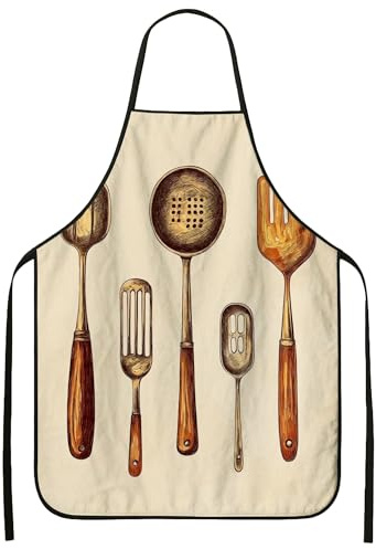 Delantal de utensilios de cocina vintage para cocinar, rústico antiguo, herramientas de cocina para adultos, delantal de arte culinario de verano, lavable Apro, Beige, 24x31 Inch