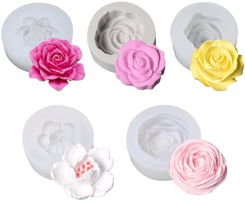 Lot de 5 Moule Bougie,Moule Bougie Silicone Roses,Forme Fleur 3D,Silicone Bougie Verser Matrices,Pour La Fabrication de Bougies, Savons Artisanaux, d'aromathérapie, de Fondants