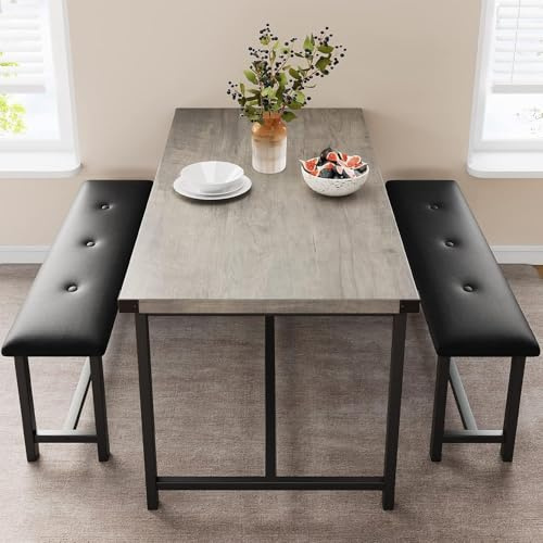 Industrial Dining Table Set for 4, 44 Wooden Kitchen Table with 2 Upholstered Benches, Metal Frame Rectangular Space Saving Dining Room Set for Small Spaces, Apartment, Grey
