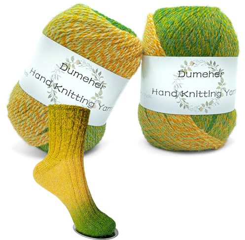 Dumeher 2 ovillos de lana para tejer y ganchillo, hilo de calcetines con degradado de color, hilo para tejer a mano de 80% lana virgen y 20% nailon, 50 g/200 m/1 rollo de hilo, verde amarillento