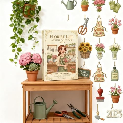 Calendario dell'Avvento Florist Life 2025, 24 giorni di decorazioni floreali e mini attrezzi da giardinaggio, una dose quotidiana di divertimento da fiorista per gli amanti dei fiori e del