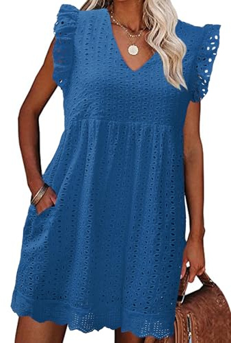 heekpek Robe Ete Femme Coton Col V Robe Courte sans Manches à Volants Boheme Chic et Elegant Légère Short Robes de Plage avec Poches