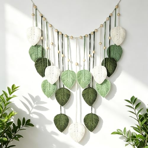 MJFENDAI Macramé gobeläng, handgjord boho-gobeläng, väggdekoration, blad, vävt gobeläng, dekoration för vardagsrum, sovrum, matbord, farmstil, fest, bröllop