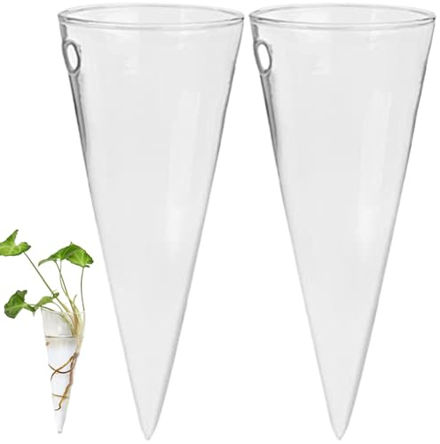 Cone Shape Glass Wall Vase 2PCS Hanging Hydroponic – Decorative Wall Planter for Indoor Plants Bathroom Home Office Living Room, 5.9 Inch