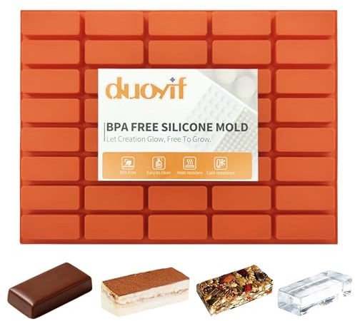duoyif Stampo in silicone rettangolare, 40 cavità, 5 x 2 x 1,3 cm, stampo al cioccolato praline senza BPA, antiaderente, stampi per pasticceria in silicone, per cioccolatini, praline energetiche