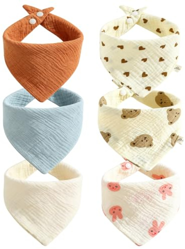 Modurio Lot de 6 bavoirs triangulaires en mousseline de coton pour garçons et filles - Réglables, doux et absorbants