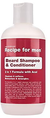 RECIPE FOR MEN Beard Shampoo & Conditioner 2-in-1 - Cleans, Softens, Detangles with Acai Berry Antioxidants, For All Skin Types, made in Sweden, 250 ml