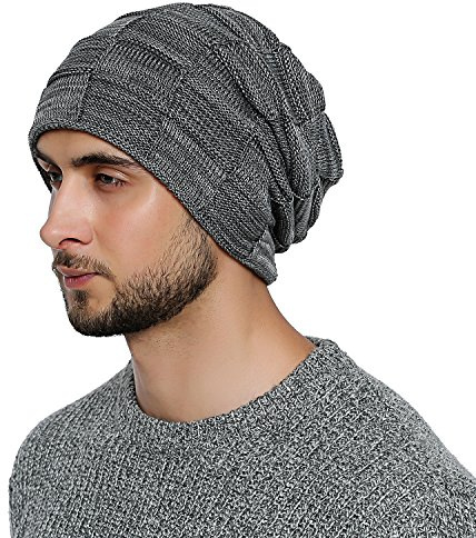 DonDon Berretto Uomo Berretto Invernale Slouch Beanie cuffia di lana con fodera in pile - Grigio Bianco