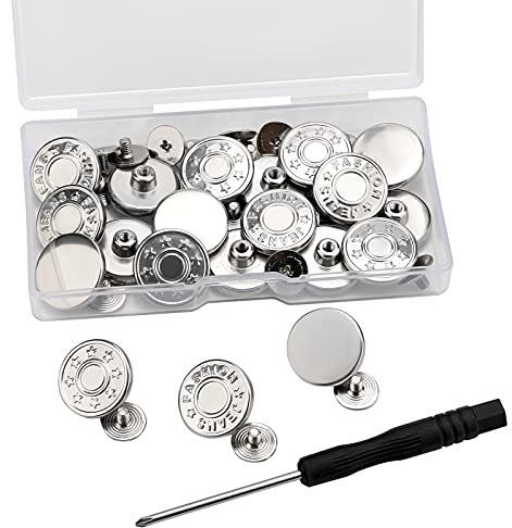 AIEX 20 Stück 17 mm Ersatz für Jeansknöpfe, nahtlos, abnehmbar, Metallknöpfe für Kleidung aus Denim, Jeans, Hosentaschen (Silber, 3 Modelle)