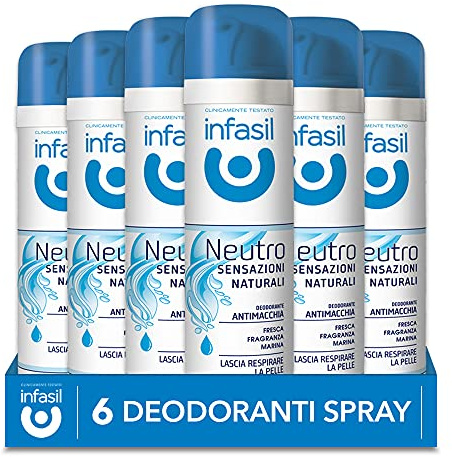 Infasil Neutro Sensazioni Naturali, Deodorante Spray Antimacchia Senza Sali di Alluminio, Fragranza Marina, Efficace fino a 24H, Delicato sulla Pelle, 6 Deodoranti da 150 ml.