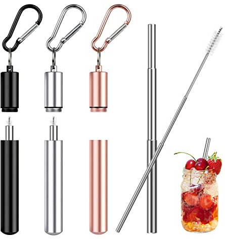 3 Set Edelstahl Strohhalme Wiederverwendbar Teleskop Strohhalme,Tragbare Metall Trinkhalme mit Faltbare Reinigungsbürste Metallbox, Teleskop Trinkhalme für Reisen Familie Arbeit (10-22.5cm)