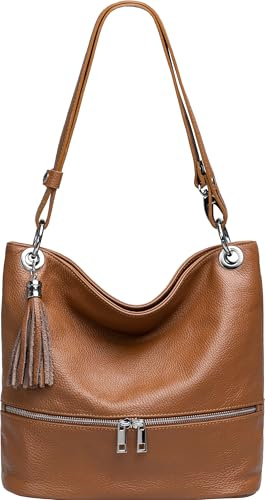 Caspar 2-in-1 Damen Leder Schulter- und Umhängetasche sportlich elegante Handtasche - CLASSIC LINE - Modell No.809 - Made in Italy, Farbe:cognac, Accessoires:One Size