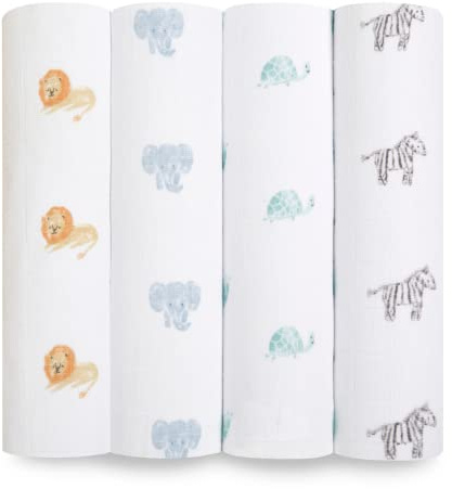 aden + anais Pucktücher, Baby-Decken aus 100% Bio-Baumwoll-Musselin für Neugeborene Mädchen & Jungen, Wickeltücher-Set für Säuglinge & Kleinkinder, 120x120cm, 4er-Pack, Animal Kingdom