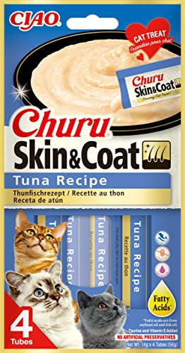 INABA Churu Skin & Coat - Thunfischpüree - Omega 3 & 6 und Taurin - Cremiger Textur - Katzenfutter für Haut & Fell - 4 Tuben x 14g