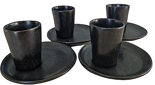 PintoCer - Juego de Tazas para Café Espresso en Ceramica de Gres sin Asa (Negro/Negro, 4)
