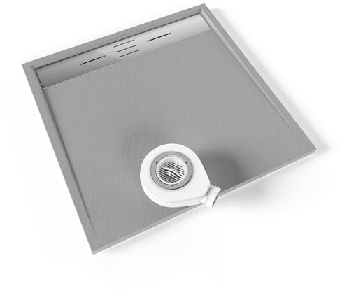 Plato de ducha SMC Hiemal 90x90 cm | Moments of Glass | Gris RAL 7030 – Antiderrapante, Textura Pizarra, Antibacteriano, Resistente a agentes químicos – Incluye válvula y rejilla Inox
