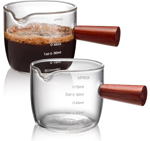 Realand 2-pack 75 ml/25 oz espressoglas med ett rör med trähandtag och V-formade mun- och espressomuggar klart glas måttkopp espresso tillbehör kanna