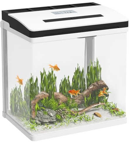 PawHut Acuario de Cristal de 13L Pecera Pequeña con Sistema de Filtro Iluminación LED Bomba de Agua 29x20x30,5 cm Blanco