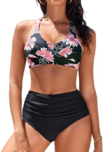 heekpek Maillot de Bain Femme 2 Pieces Taille Haute Bikini Push Up Maillot de Bain Femme Ventre Plat Avant Croisé Bikini Set Swimwear, Imprimer B, M
