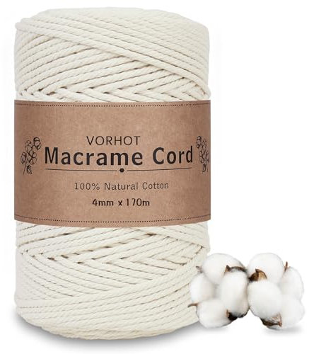 VORHOT Hilo Macrame 4mm Beige, 170M Cuerda, Cordon Macrame 4mm Natural, Cordón de Algodón de Macramé para Tapices, Colgadores Plantas, Manualidades Bricolaje, Hogar Decoracion Bohemia