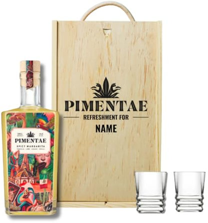 Personalised Pimentae Spicy Margarita Cocktail Gift Set with Shot Glasses – Tequila-Based Alcohol Present with personalised Box – 50cl Bottle (14.5% ABV) – Spicy Tequila Gift for Men or Women