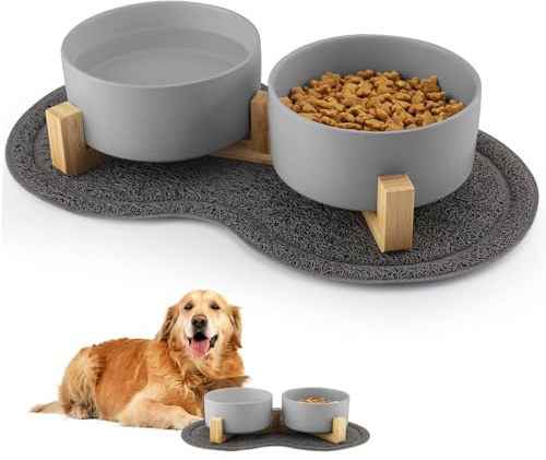 Wozzies 3 in 1 Hundenapf Keramik, 850ML Doppel Futternapf Hund Set mit Rutschschutzmatte, Wassernapf mit Halterung für große Hunde, Kleine und Mittlere Hunde und Erwachsene Katzen