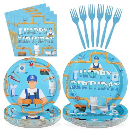 Greencian 96Pcs Plumber Party Decorations Plumber Theme Plates and Napkins Toilet man Happy Birthday Tableware Set for Boys Repairman Tool Mechanic Birthday Party Supplies Serves 24