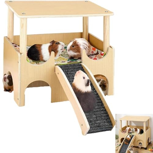 Zbozzba Casa mobile in legno a più piani, adatta per porcellini d'India, criceti, roditori, conigli e piccoli roditori, con rampe e tappetini