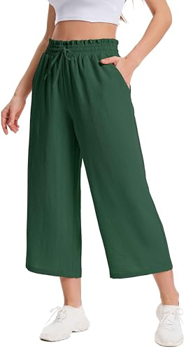 WUWUSKY Pantalon 3/4 Femme Taille Haute Capri Pantacourt Femme Été Fluide Léger Respirant pour Travail Décontracté avec Poches, 01 Vert Foncé, 3XL