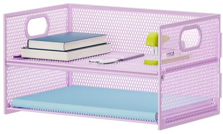 Marbrasse 2 Tier Mesh Desk File Organiser,Paper Letter Tray Organiser with Handle, Metal A4 Paper Tray,Magazine Document Desk Organizer Holder for Home Office School (Purple)