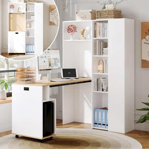 Sweiko Bureau Pliable d'angle avec Rangement intégré, Armoire de Rangement avec Prise et USB, Meuble PC pour Chambres à Coucher, Appartements